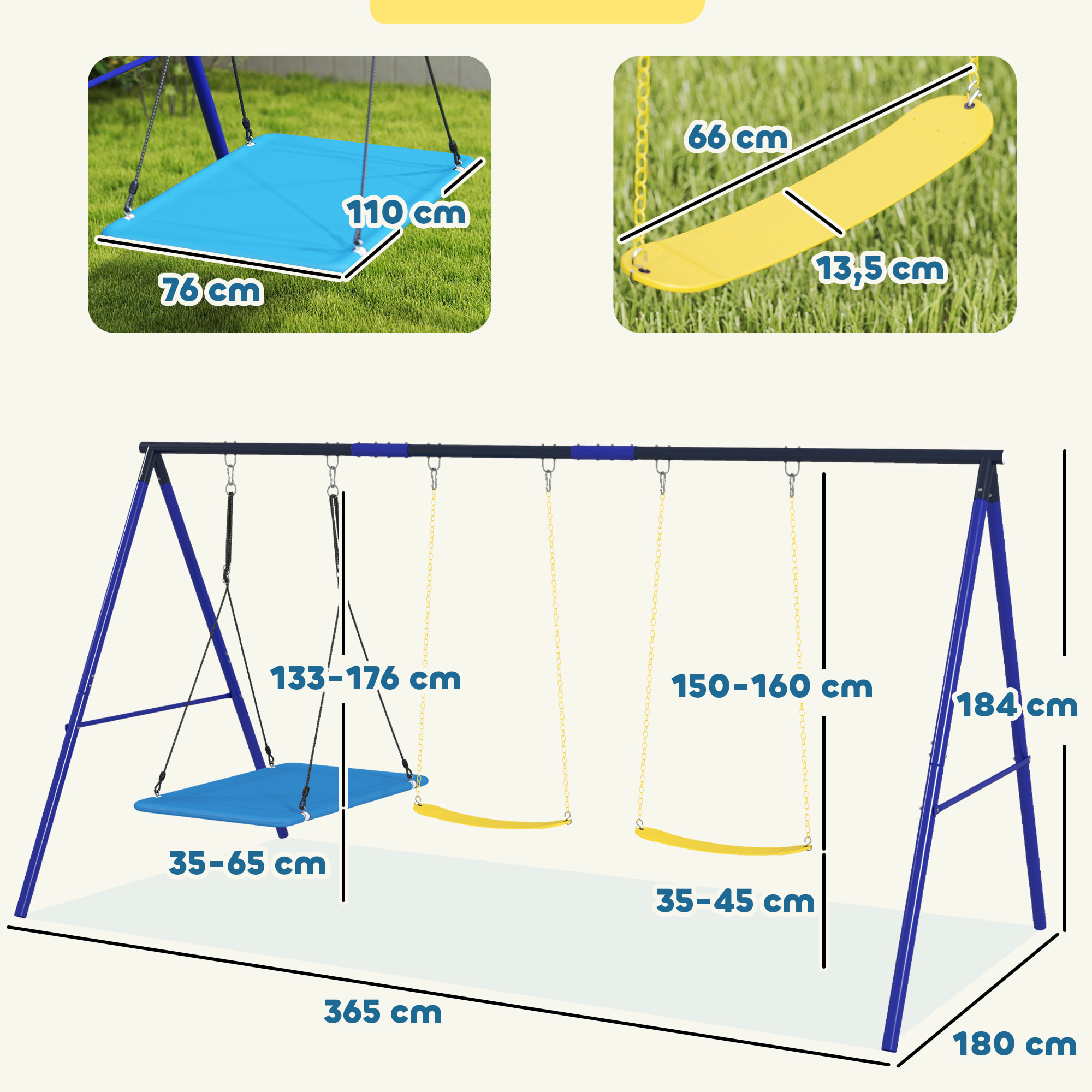 Columpios para Niños de +3 Años Columpios Jardín Exterior con 2 Columpios Simples y 1 Columpio Plataforma Carga 120 kg para Terraza Patio 365x180x184 cm Multicolor