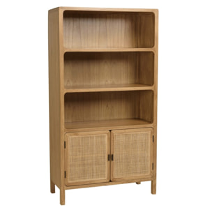 AMY - Bibliothèque 2 portes 3 étagères H180cm en bois de mindi et rotin