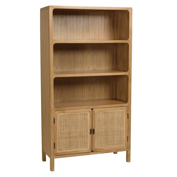 AMY - Bibliothèque 2 portes 3 étagères H180cm en bois de mindi et rotin