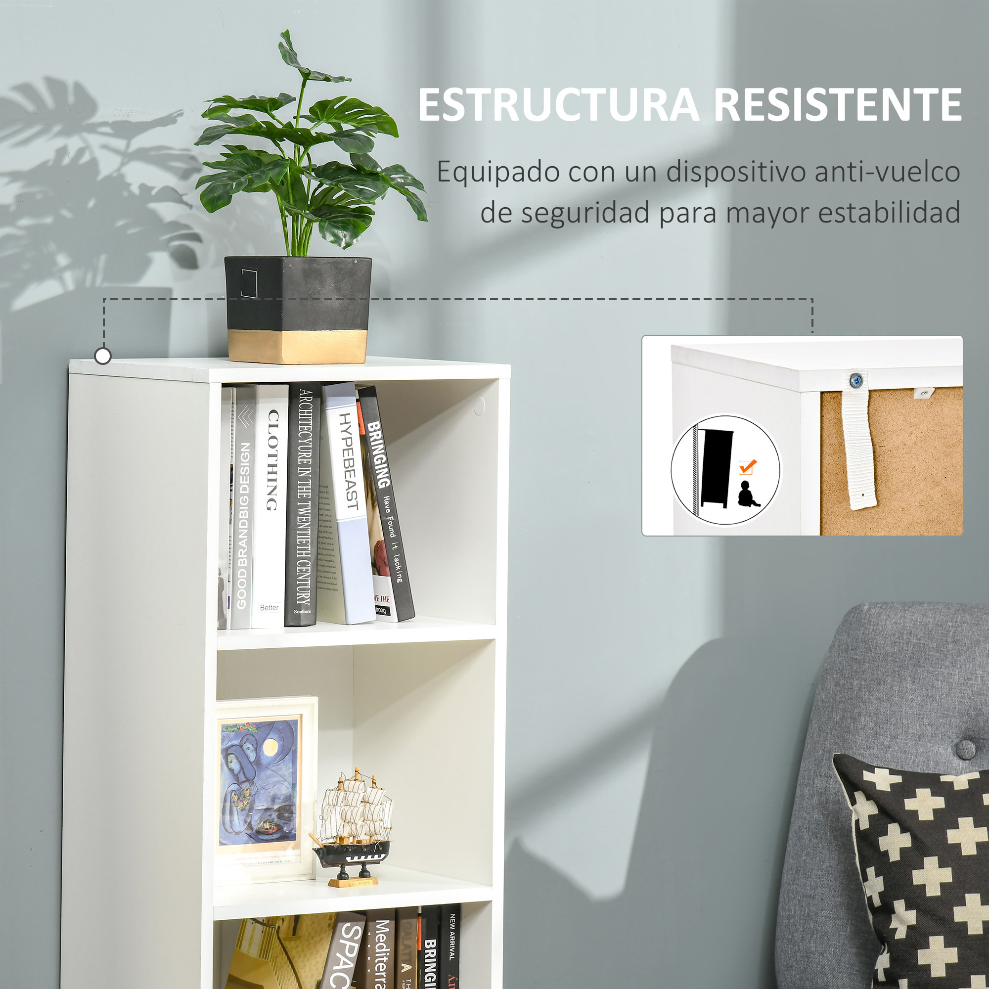 HOMCOM Estantería con 3 Estantes Abiertos y 1 Cerrado con Puerta Librería de Estilo Moderno para Almacenamiento de Libros Juguetes CDs Plantas 40x30x129,5 cm Blanco