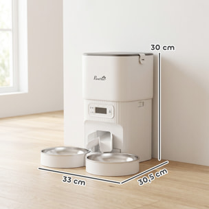 Comedero Gato Automático 4L, Dispensador Comida para Gatos/Perros con 1-6 Comidas al Día, 2 Cuencos de Acero Inoxidable, Antiatascos, 2 Fuentes de Alimentación, Fácil de Limpiar, Blanco