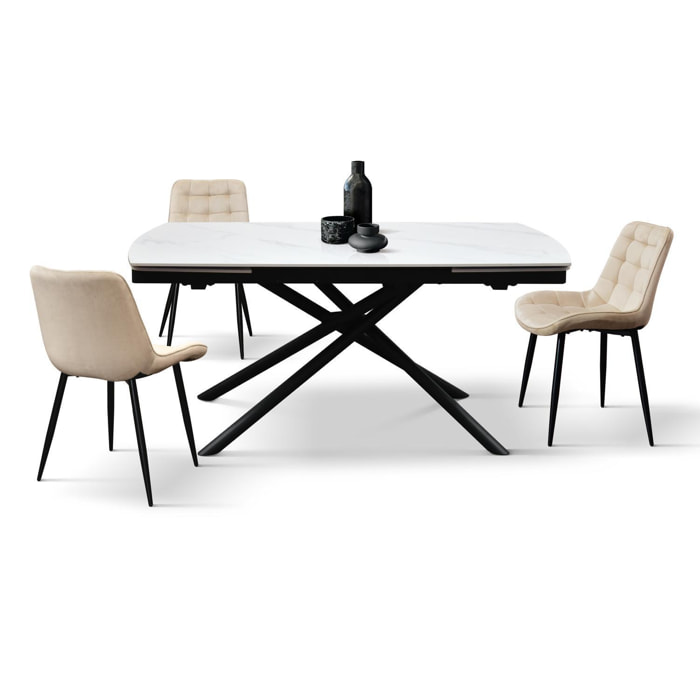 Tavolo BONIFACIO in ceramica bianco statuario e base in metallo verniciato nero, allungabile 160x90 cm - 240x90 cm