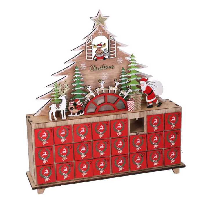 Calendario dell'avvento in legno led albero rosso cm31x8h34,5