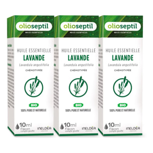 OLIOSEPTIL - Huile essentielle de Lavande - 100% Pure et naturelle - BIO - HEBBD (biochimiquement et botaniquement définie) - 100% origine naturelle - Lot de 3 Flacons 10ml