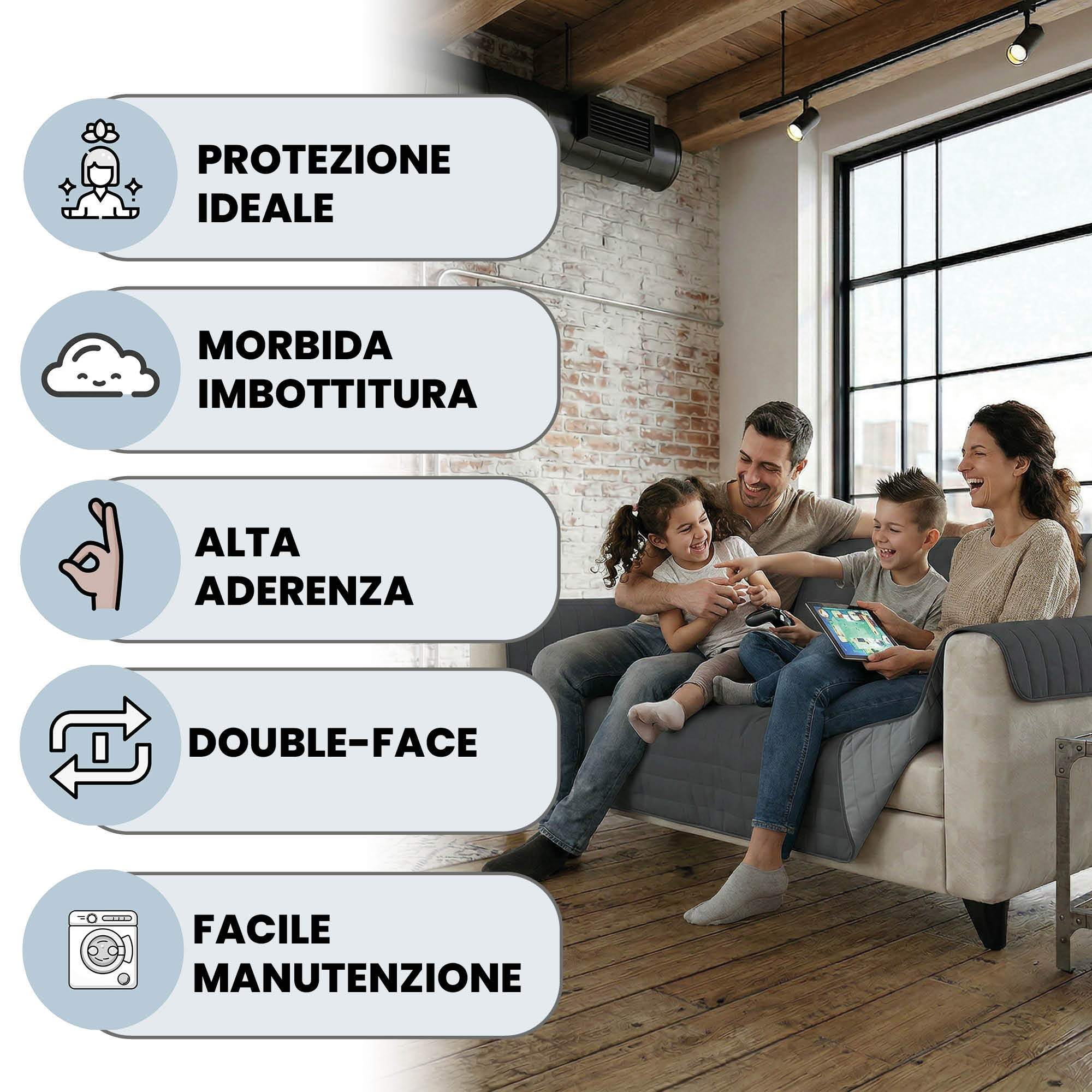 COPRIDIVANO TRENDY, Waterproof, Microfibra, No Stiro, Doubleface - GRIGIO CHIARO/FUMO