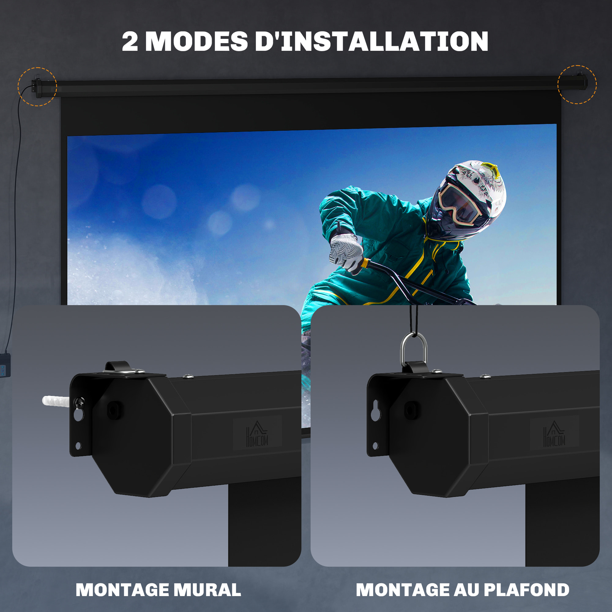 Écran de projection motorisé home-cinéma format 16:9 120 pouces 4K HD avec télécommande noir