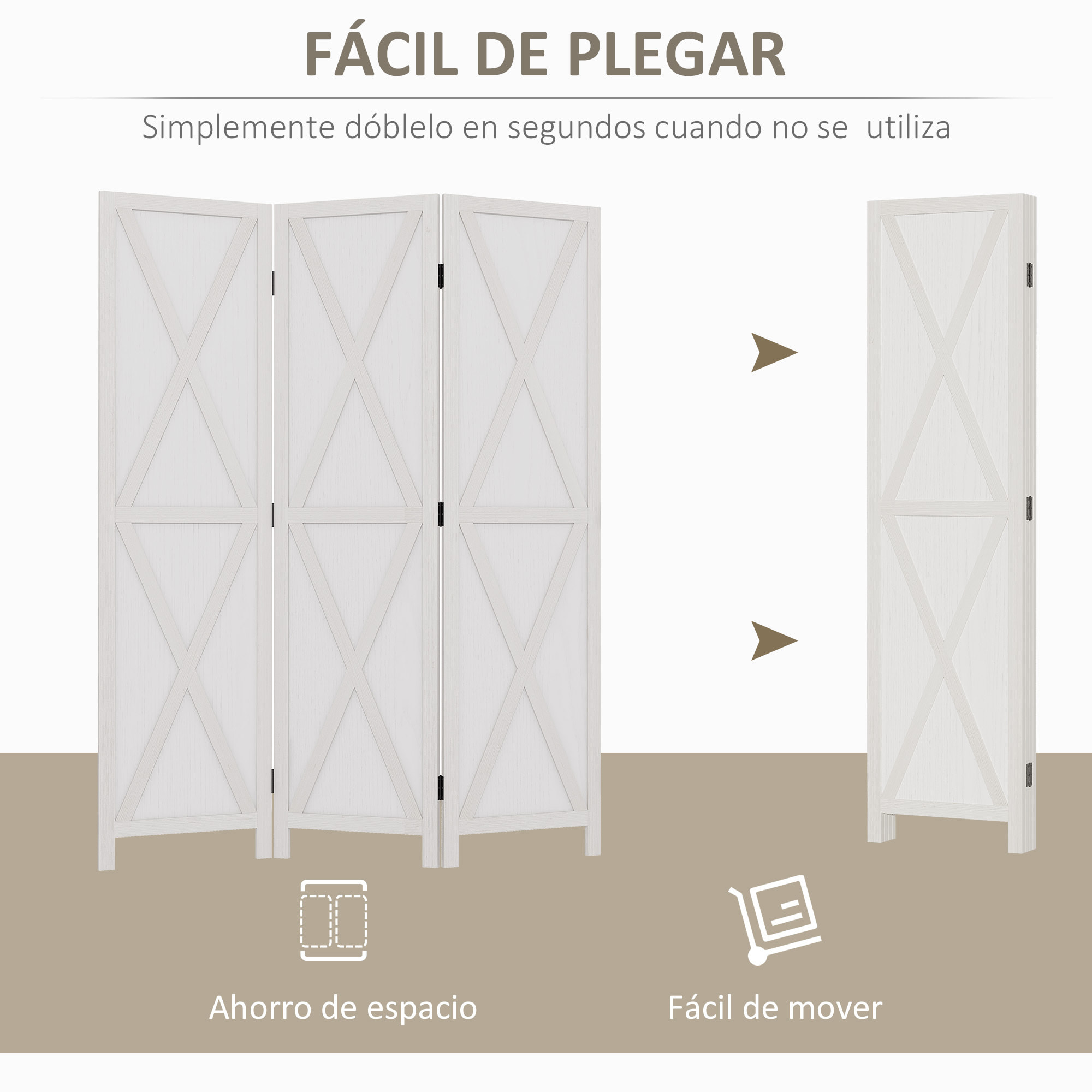 Biombo de 3 Paneles Separador de Ambientes Plegable 136,5x170 cm Divisor de Habitación de Madera para Salón Oficina Dormitorio Blanco