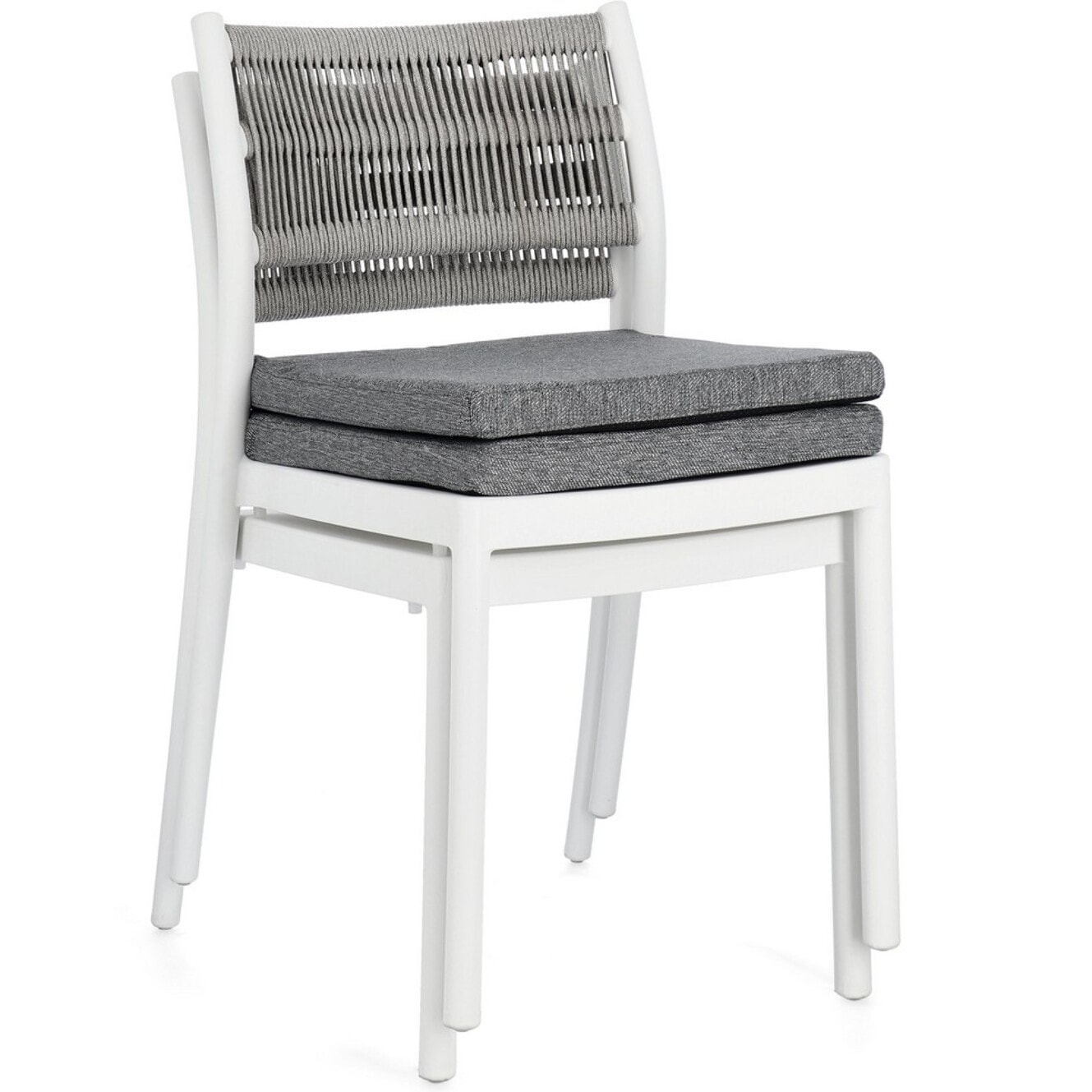 Set di 4 sedie ALVIN in polipropilene bianco e corda intrecciata grigio chiaro, impilabili