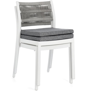 Set di 4 sedie ALVIN in polipropilene bianco e corda intrecciata grigio chiaro, impilabili