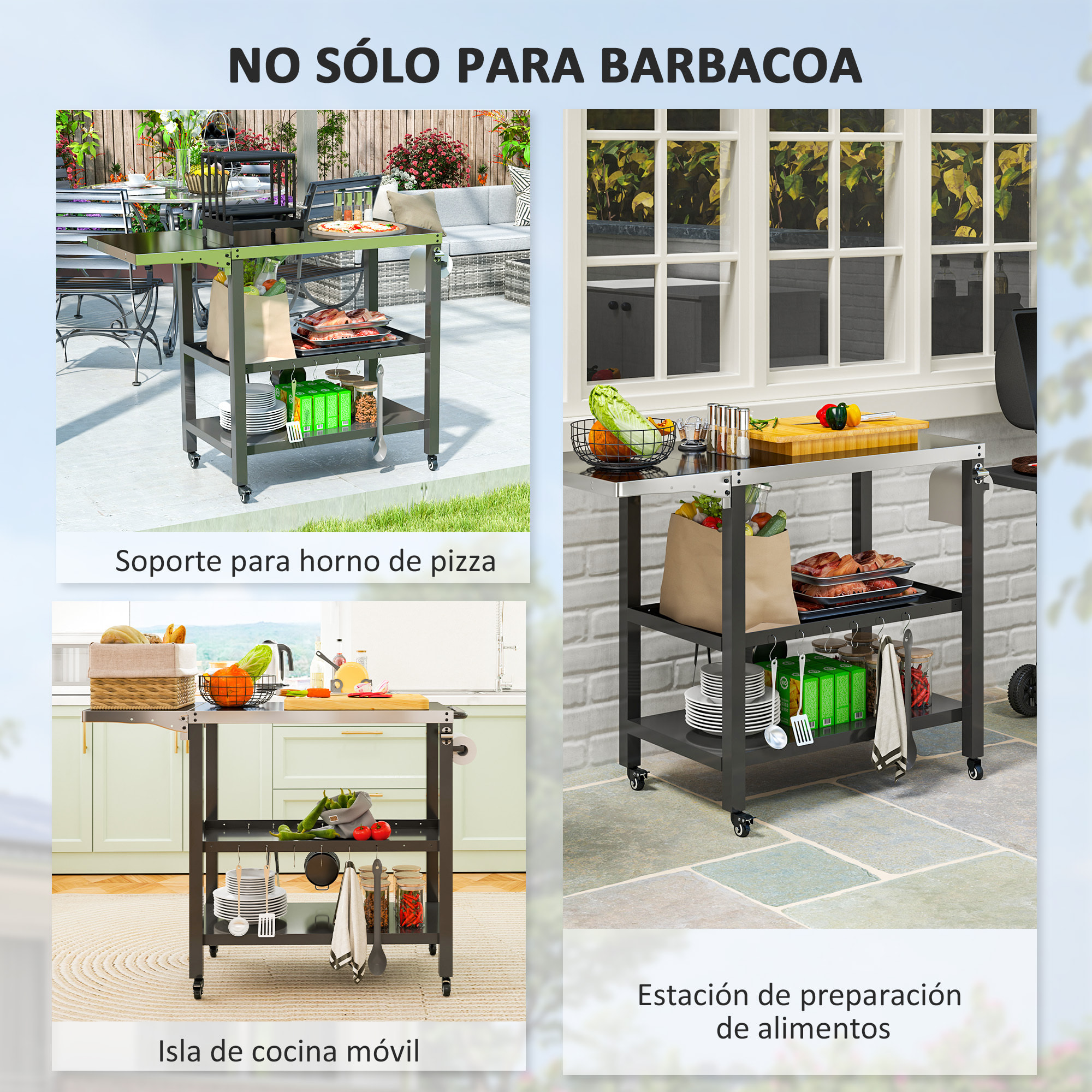Carrito de Parrilla de 3 Niveles Carrito de Barbacoa Carro de Servicio con Ruedas Estantes Encimera de Acero Inoxidable Lateral Plegable y Asa Mesa de Horno de Pizza para Jardín Patio Negro
