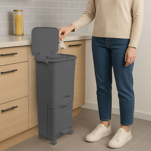 Papelera de reciclaje de clasificación selectiva con pedal, ruedas y asa de triple compartimento color negro antracita de 42l (24l + 4l + 14l)