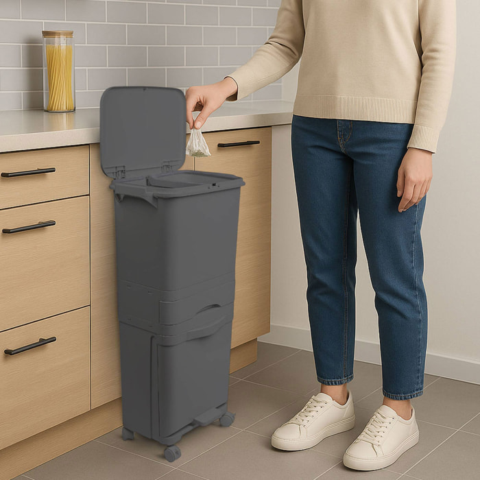 Papelera de reciclaje de clasificación selectiva con pedal, ruedas y asa de triple compartimento color negro antracita de 42l (24l + 4l + 14l)