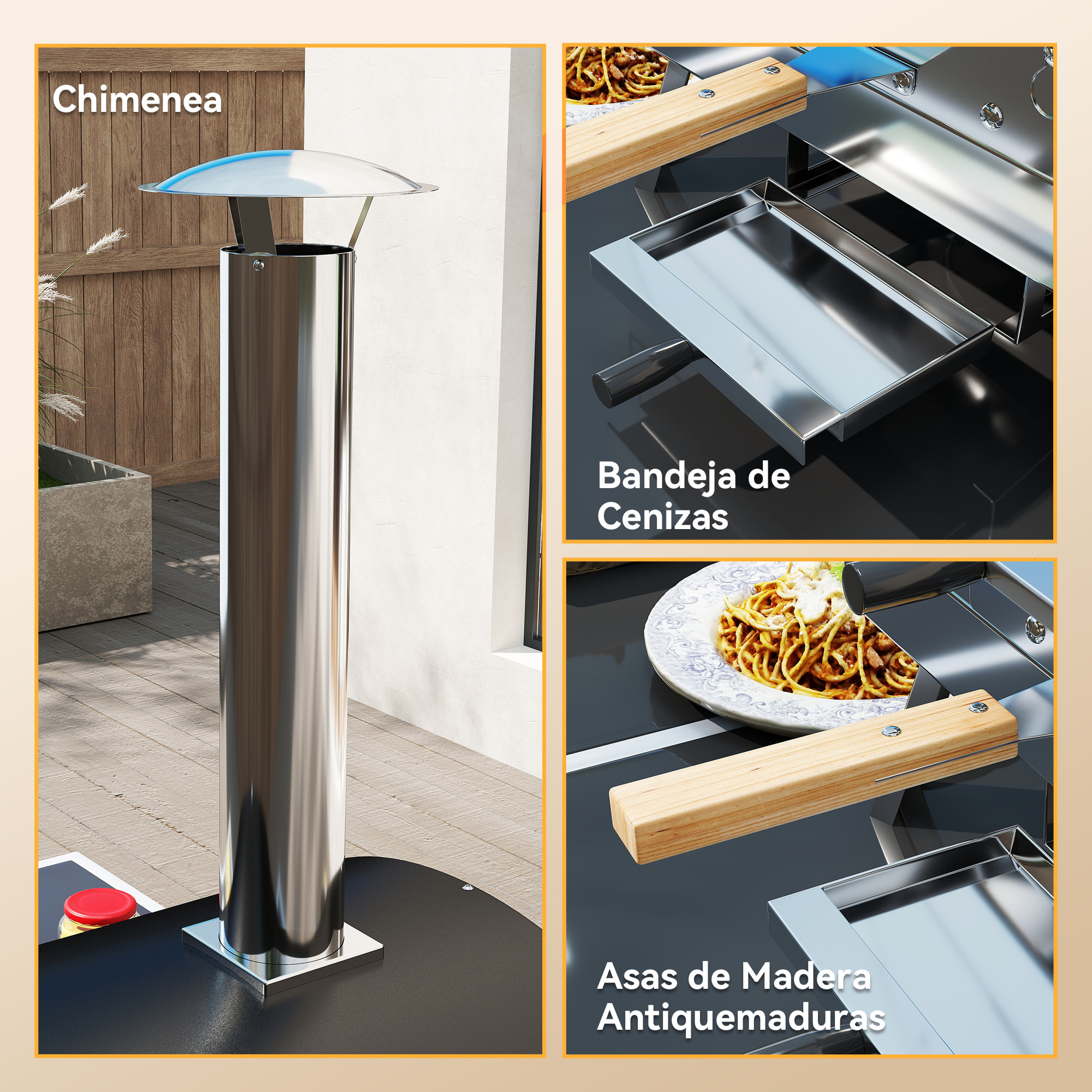 Mini Horno de Pizza Exterior Portátil Horno de Leña con Piedra Refractaria Ø33 cm Mangos de Madera Termómetro y Bandeja Giratoria para Jardín Terraza Camping Patio