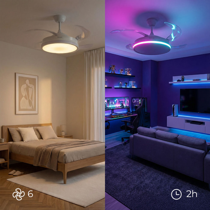 Ventilateur de plafond avec lumière LED RGB, 4 pales rétractables et télécommande InnovaGoods