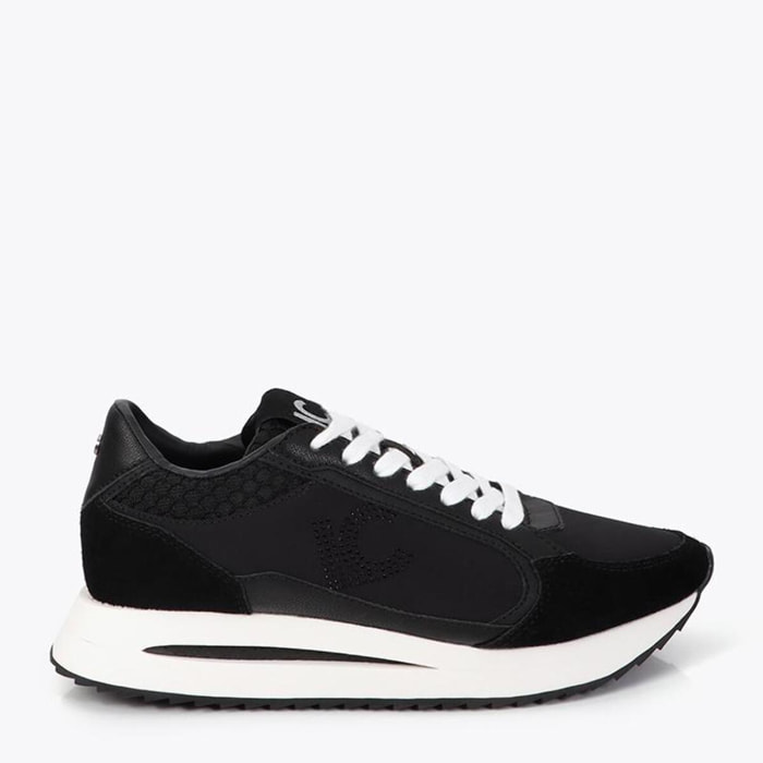 Sneaker platform bicolore in tessuti combinati e dettagli in pelle
