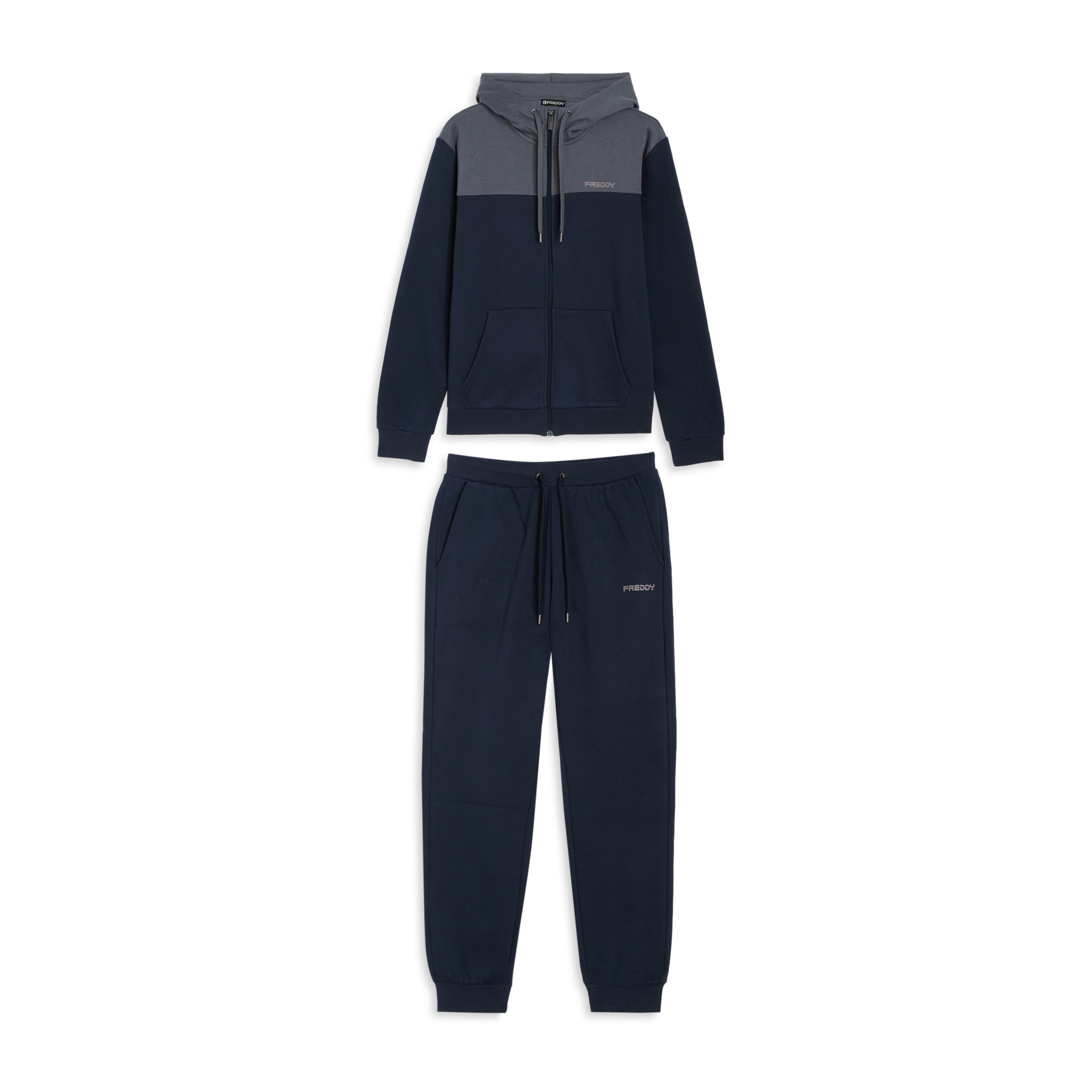 Tuta con cappuccio colour block e fondo a costine