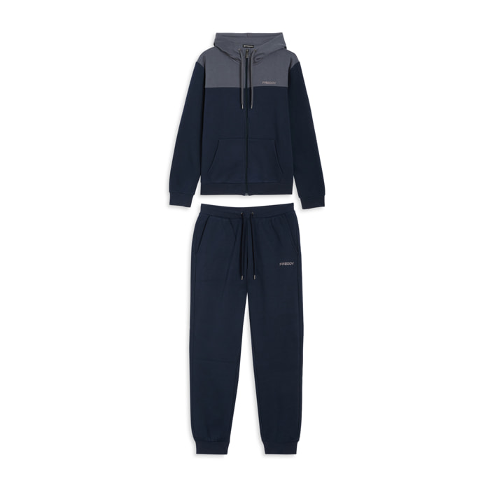 Tuta con cappuccio colour block e fondo a costine