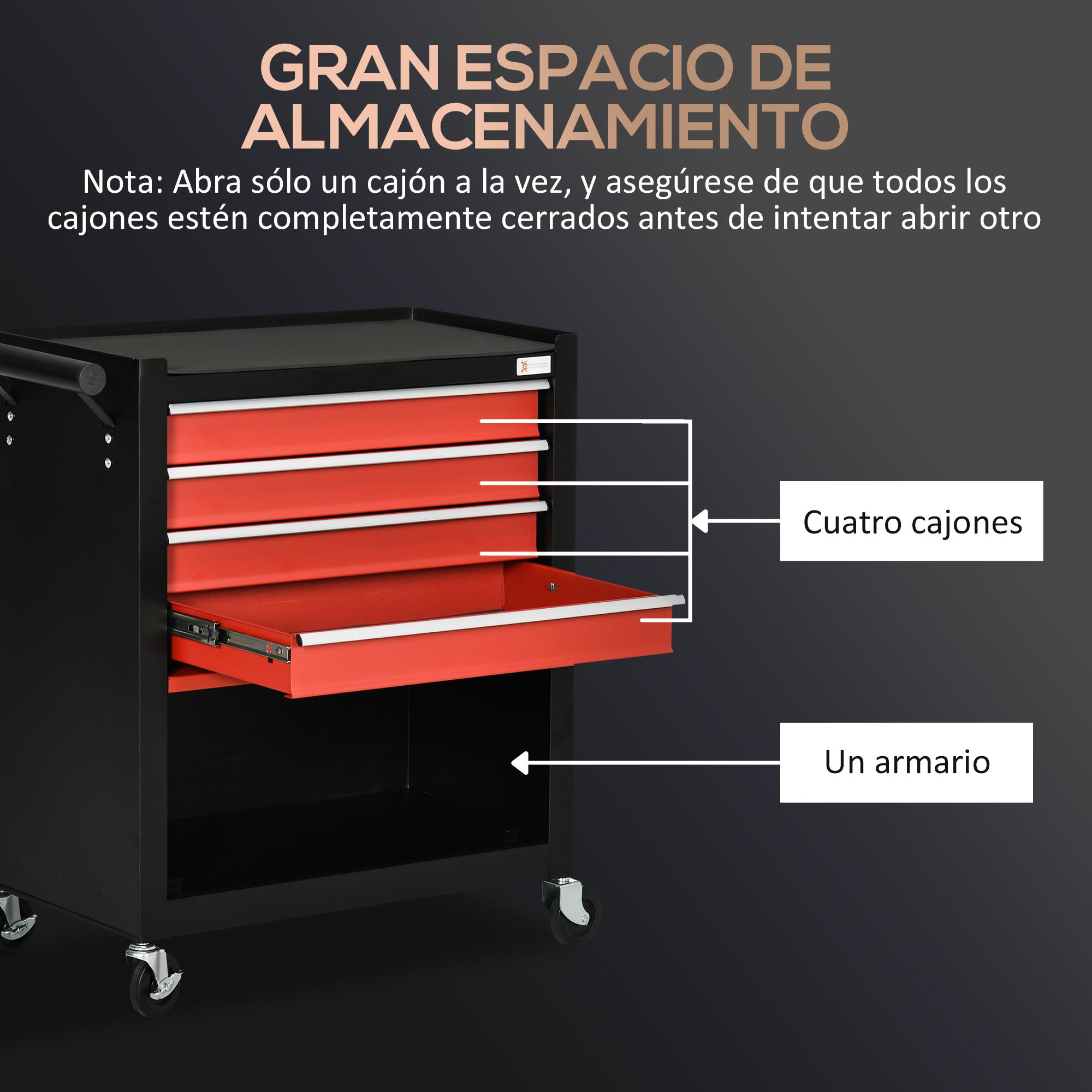 Carro de Herramientas Taller Móvil con Ruedas 4 Cajones Compartimento de Almacenamiento y Asa Lateral Carga 130 kg para Garaje Hogar 69x33x75 cm Negro y Rojo