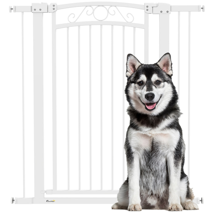 Barrera para Perros Puerta para Perros con Ancho Ajustable 76-104 cm Barrera de Seguridad para Perros con 2 Extensiones y Doble Bloqueo para Escaleras y Puertas Blanco