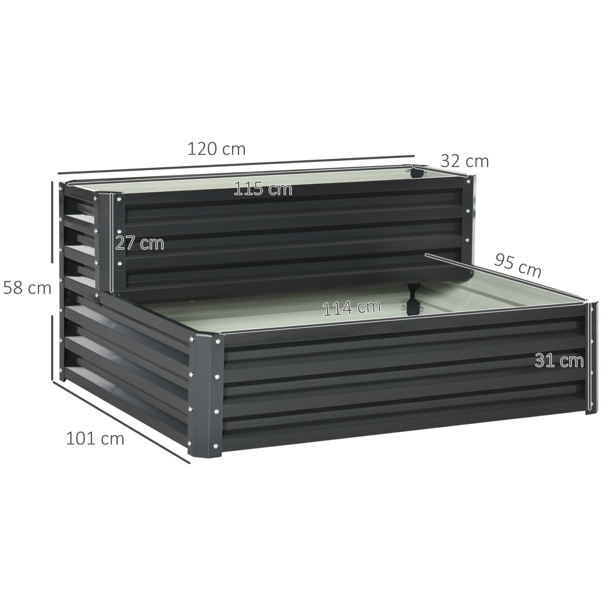 Huerto Urbano de 2 Niveles de Acero Galvanizado, Jardinera Exterior con Diseño de Escalera y Fondo Abierto para Cultivos, Plantas, Herbaria, para Terraza, Jardín, 120x101x58 cm, Gris Oscuro