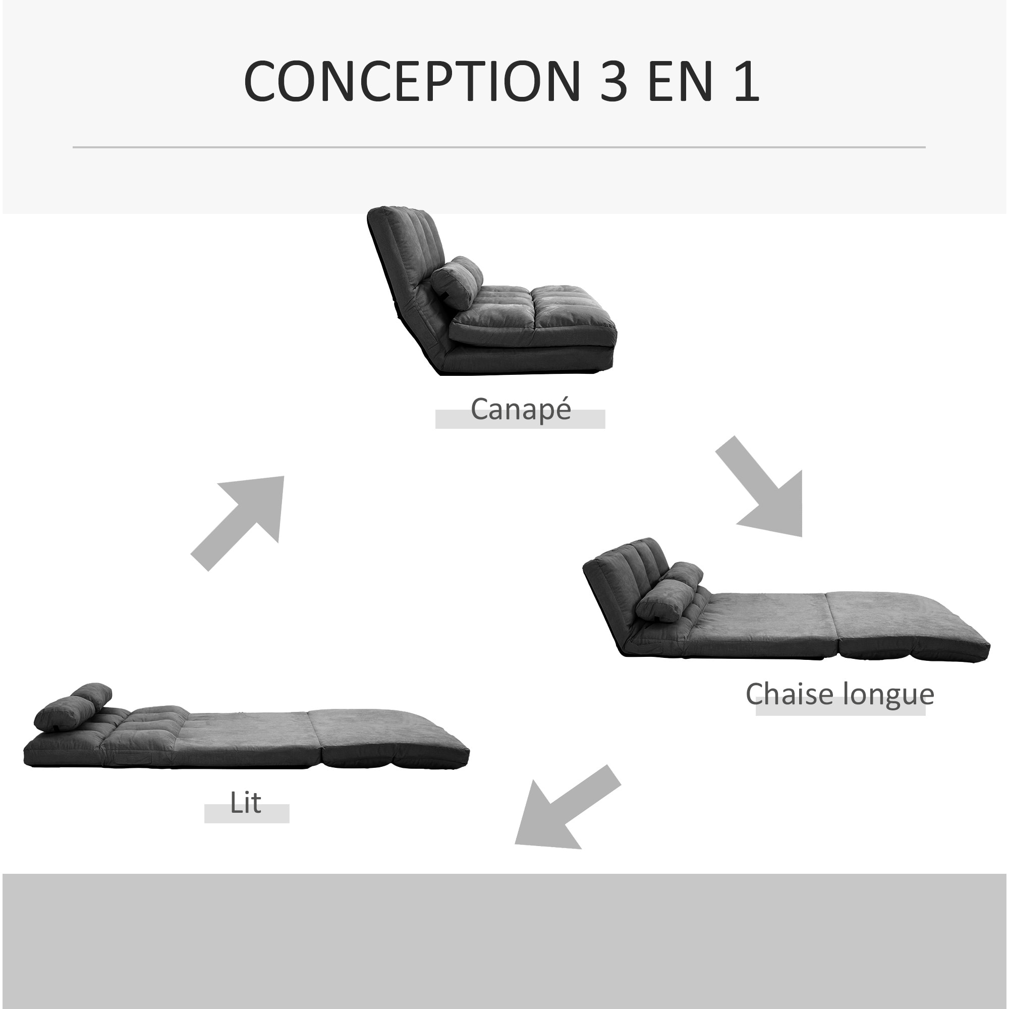 Chauffeuse - fauteuil convertible - inclinaison dossier réglable 14 positions - 2 coussins inclus - suédé anthracite