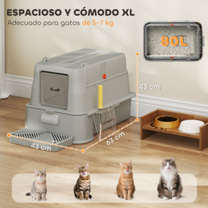 Arenero para Gatos de Acero Inoxidable XL, Caja de Arena para Gatos, Arenero con Tapa Abatible 180°, Laterales Altos, Pedal, Pala, sin Olores, Fácil de Limpiar, Antifugas, Gris Claro
