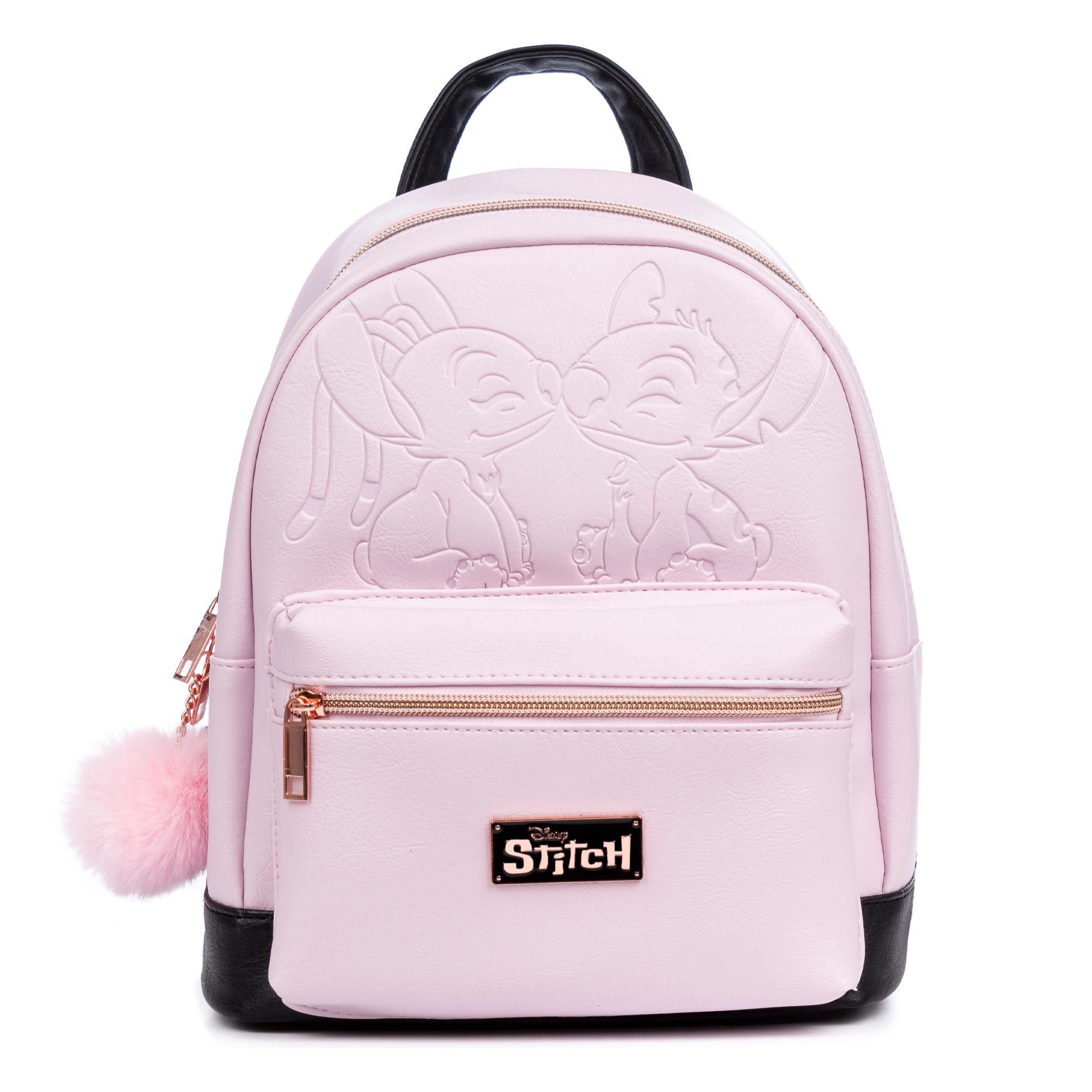 Mochila Rosa Stitch Premium. Espacioso compartimento principal con bolsillo delantero y trasero. Con accesorio pompom