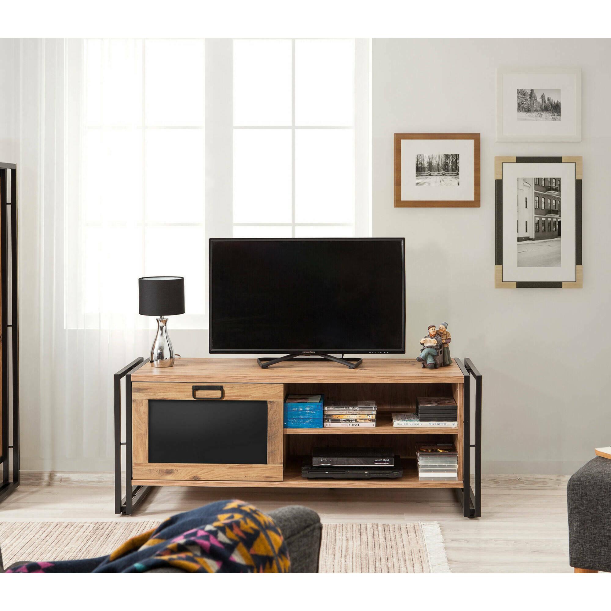 Mobile porta TV Dpetron, Credenza da soggiorno, Armadio basso per TV, Base parete attrezzata, 130x45h50 cm, Quercia e Nero