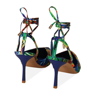 Décolleté slingback blu multicolor, tacco 8,5 cm