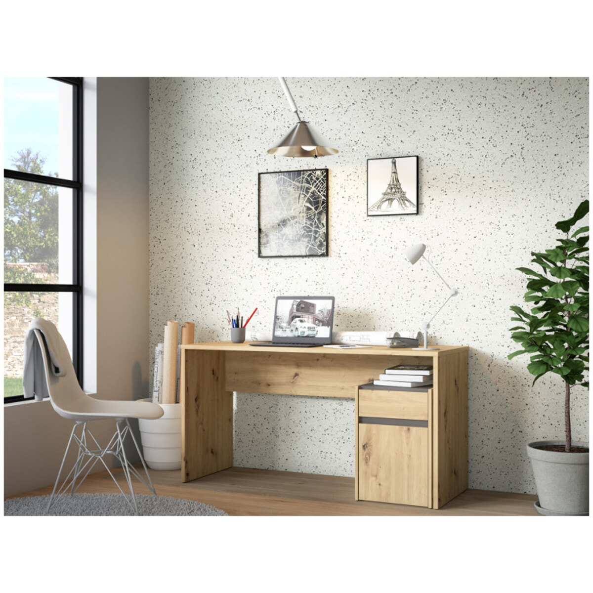 Bureau avec caisson amovible effet bois et gris foncé - L140 CM - KIARA