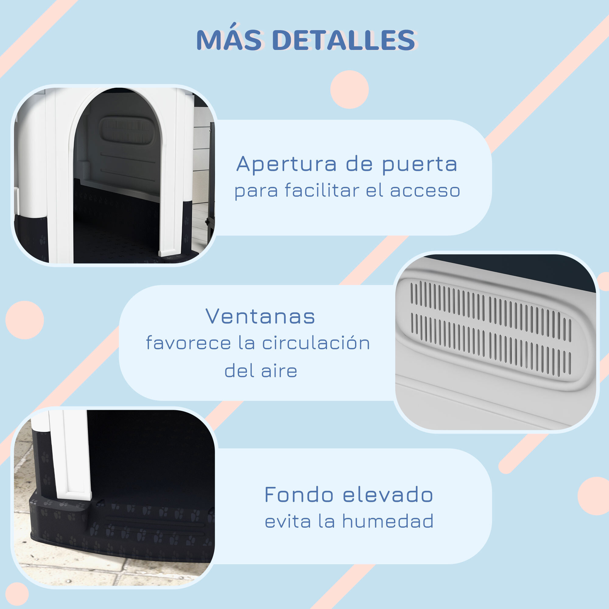 Caseta para Perros Mini para Exterior, Casa para Perros de Plástico con 3 Ventanas, Base Elevada, Techo de Tejas de Imitación, 64,5x57x66 cm, Gris Oscuro