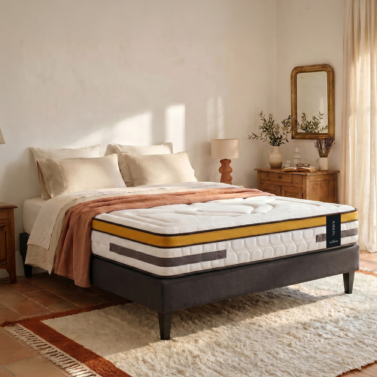 Ensemble Matelas Hybride Aubertin & Sommier Kit Tissu, Ressorts Ensachés & Mousse Hyper Soft, 24 cm, Soutien Ferme