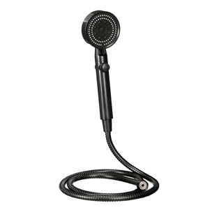Teléfono negro para ducha con manguera de 1,5m de largo. Incluye soporte de pared.