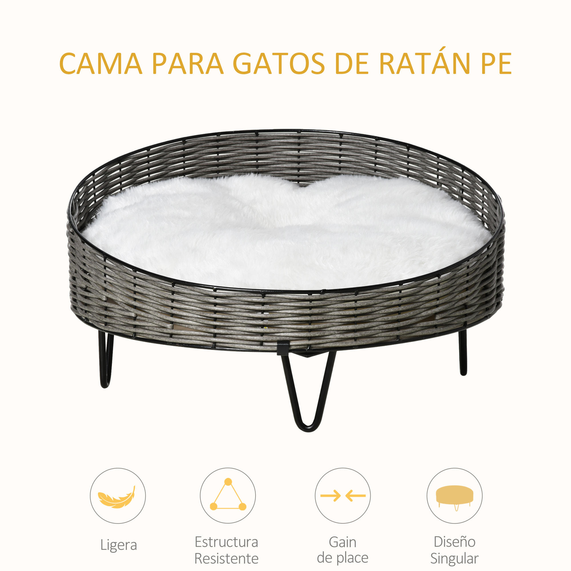 Cama para Perros de Mimbre Redonda con Cojín Lavable y Patas Elevadas Ø60x32 cm