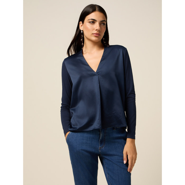 Oltre - T-shirt bimaterica con scollo a V - Blu