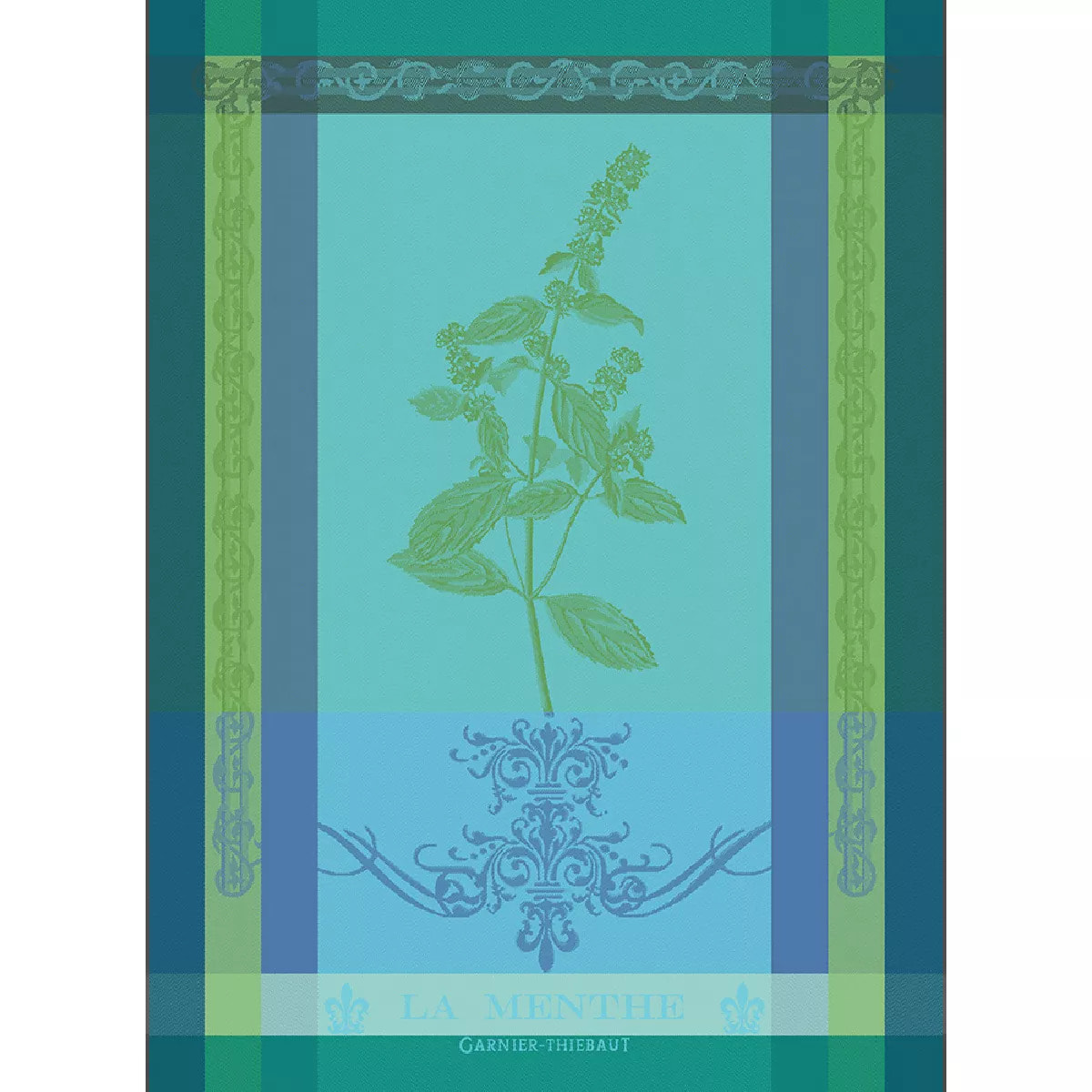 Torchon pur coton motif jacquard bleu vert Brin de menthe chlorophylle