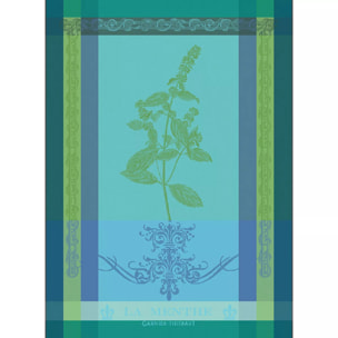 Torchon pur coton motif jacquard bleu vert Brin de menthe chlorophylle