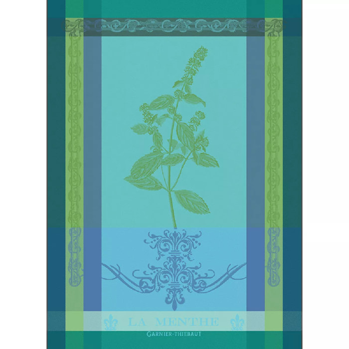 Torchon pur coton motif jacquard bleu vert Brin de menthe chlorophylle