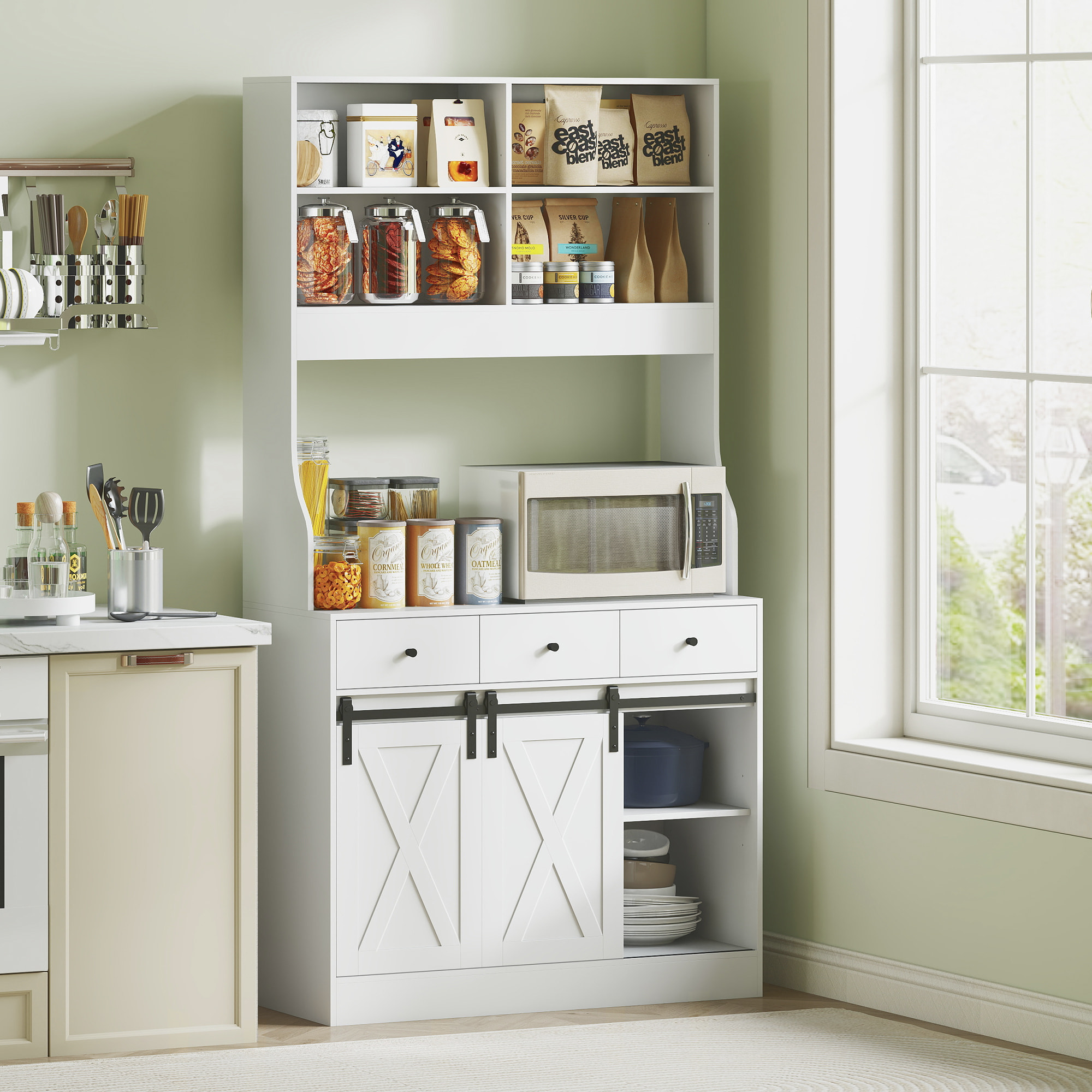 Alacena de Cocina Mueble Auxiliar de Cocina con 2 Puertas Corredizas 3 Cajones Encimera para Microondas y Estantes Ajustables Estilo Granja Blanco 93,5x40x180 cm