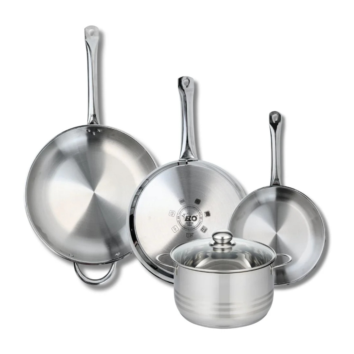 Ensemble de 3 Poêles de cuisson 24, 28 et 32 cm et 1 faitout 20 cm Elo Profi Brillant