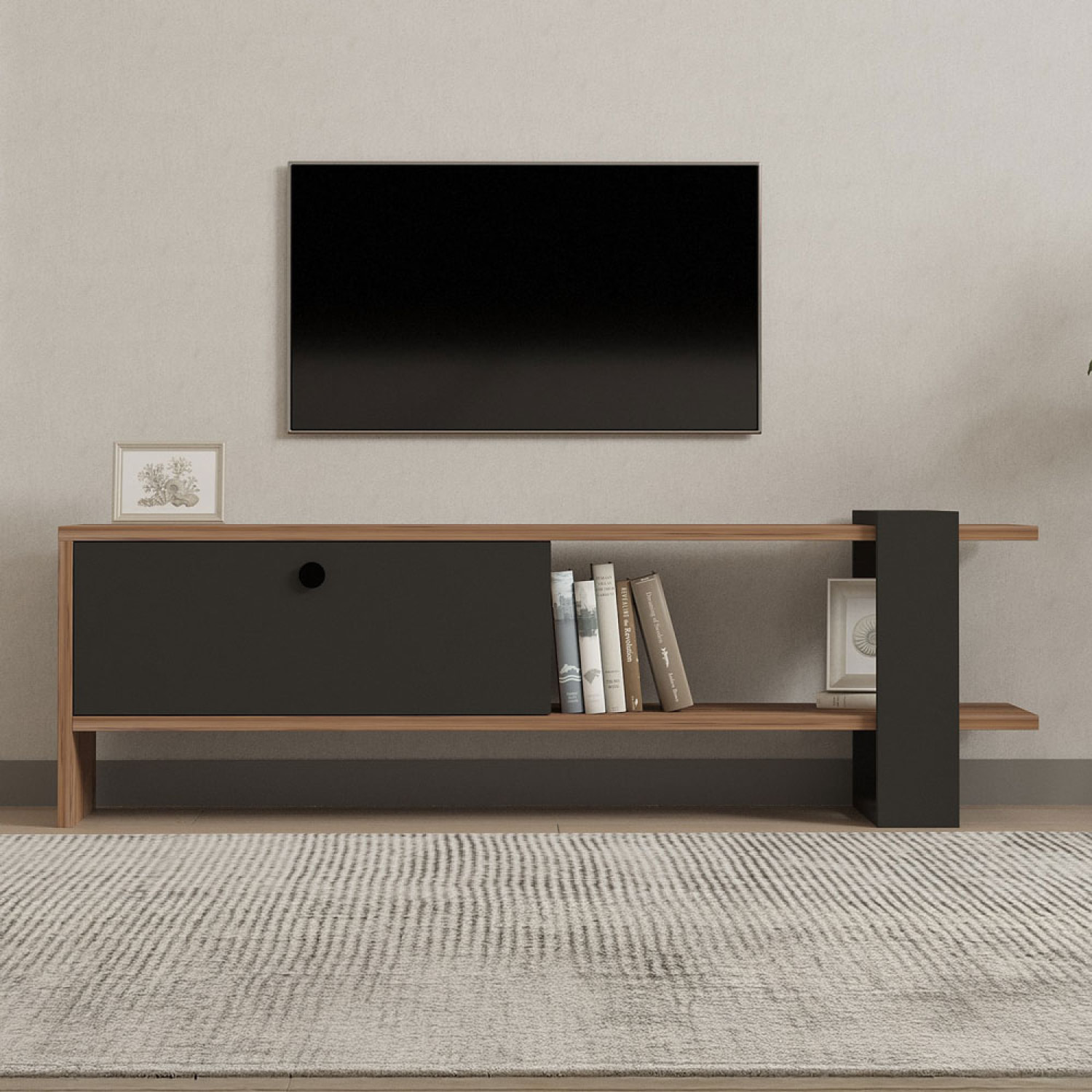 HERNDON Meuble TV asymétrique gris anthracite avec placard aspect bois 120cm