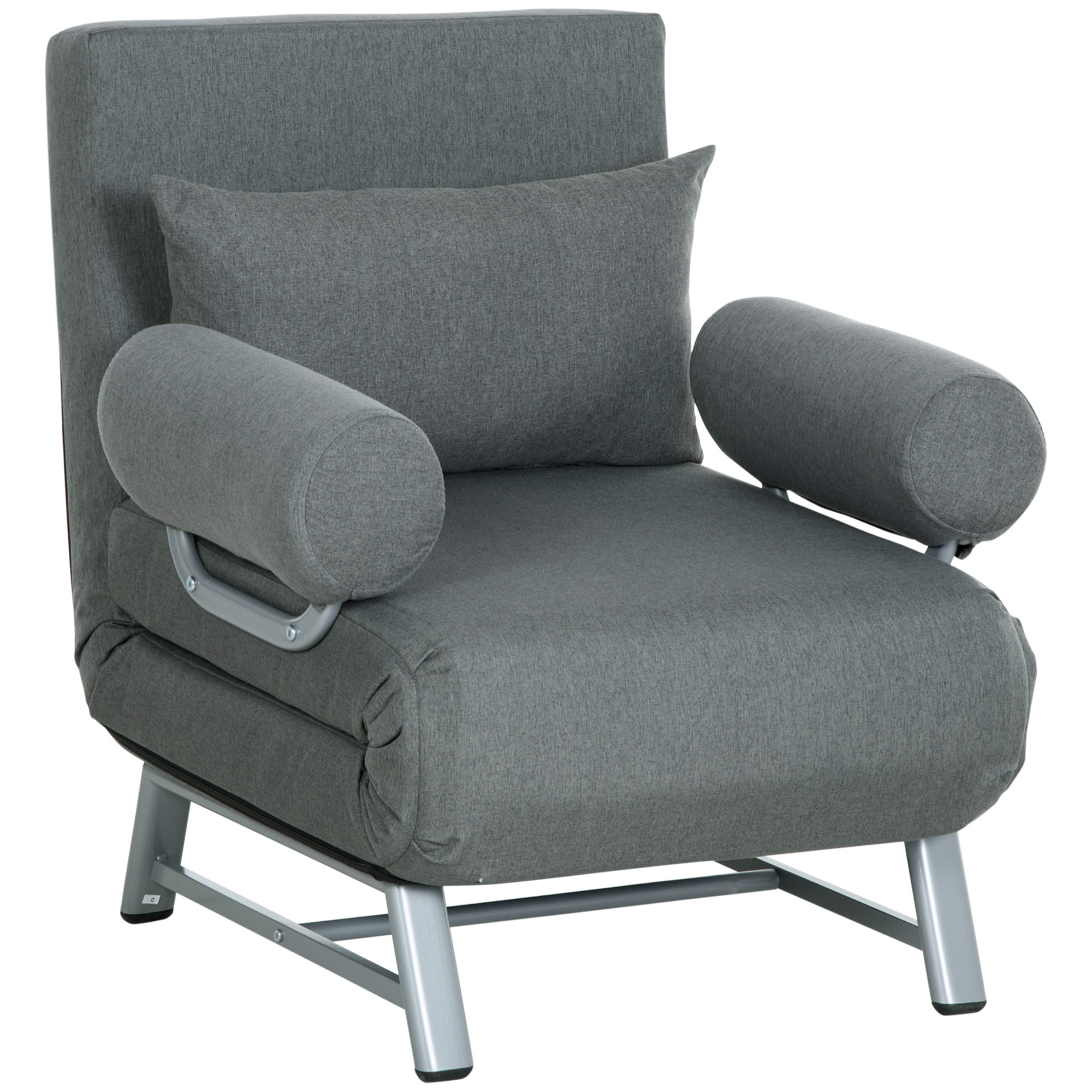 Fauteuil chauffeuse canapé-lit convertible inclinable 1 place grand confort coussin lombaires accoudoirs piètement métal lin gris foncé