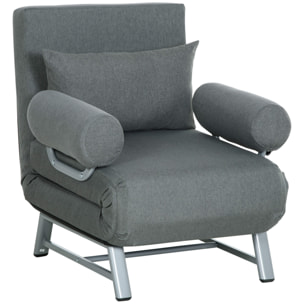 Fauteuil chauffeuse canapé-lit convertible inclinable 1 place grand confort coussin lombaires accoudoirs piètement métal lin gris foncé