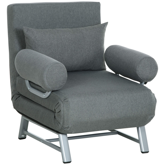 Fauteuil chauffeuse canapé-lit convertible inclinable 1 place grand confort coussin lombaires accoudoirs piètement métal lin gris foncé