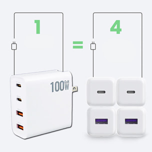 DAM Cargador USB con salida PD100W + PD30 + doble QC3.0 18W. Enchufe US/EU. 6x3x6,5 Cm. Color: Blanco