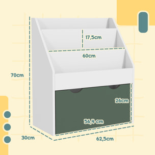 Bibliothèque étagère multi-rangement enfant - 3 étagères, grand tiroir - MDF blanc vert