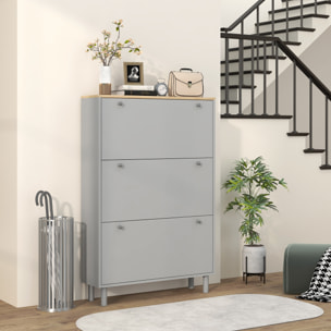 Meuble à chaussures sur pieds 3 portes étagères réglables dim. 80x23,5x121cm gris effet bois