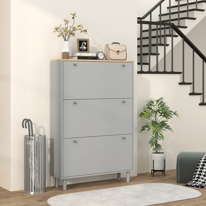 Meuble à chaussures sur pieds 3 portes étagères réglables dim. 80x23,5x121cm gris effet bois
