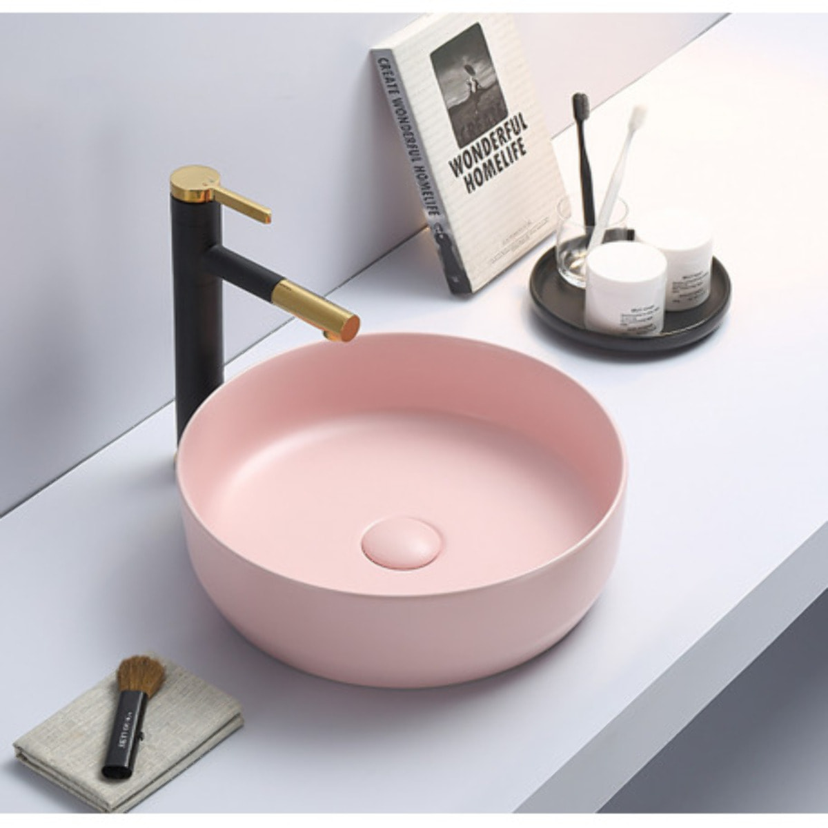 Set vasque à poser 39x39x12 cm sans trop-plein + bonde à écoulement libre Infinitio rose mat SetSATINF-rose