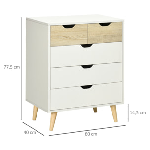 Cómoda con 5 Cajones Cajonera de Armario con Patas Elevadas para Dormitorio Salón Estudio Estilo Moderno Antivuelco 60x40x77,5 cm Natural y Blanco